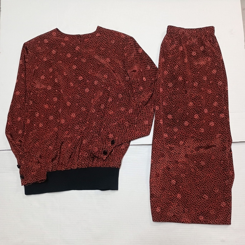 Vtg Sasson Red Polka Dot Animal Print Red Silky Satin Skirt Valentine 2 Piece 10
